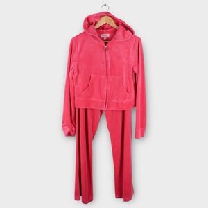 Juicy Couture Women's Pink Velour Tracksuit Set Large Hoodie Pants Rhinestone